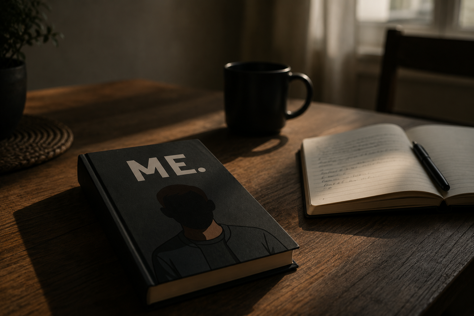 The book Me. — black hardcover with debossed white wordmark