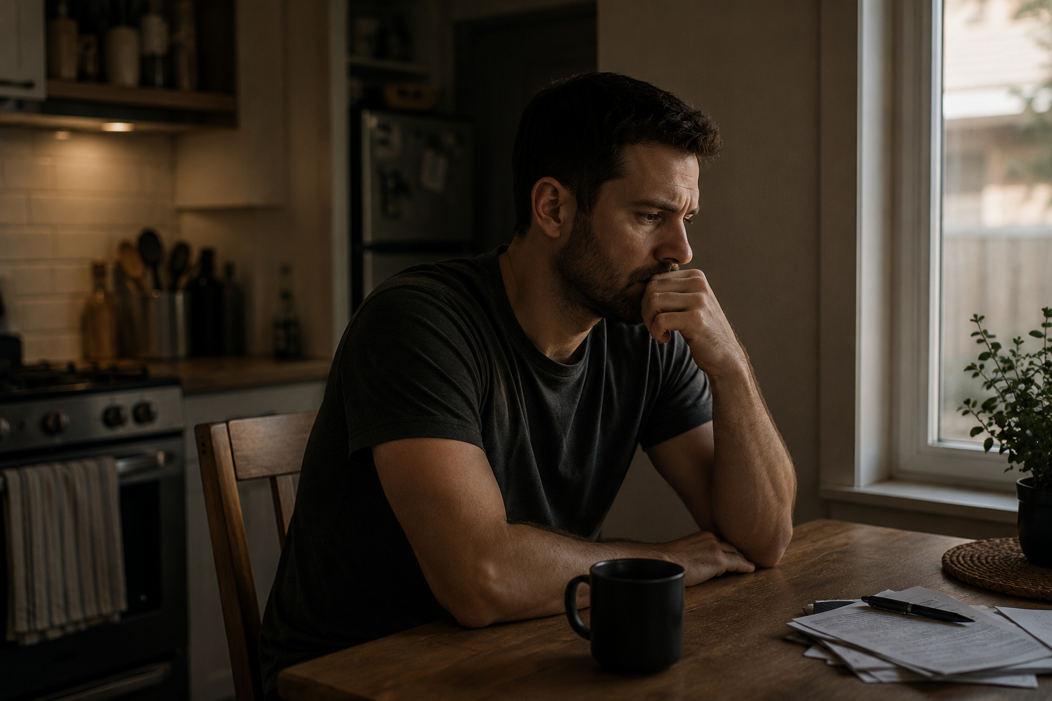 A man sitting alone at a kitchen table late at night